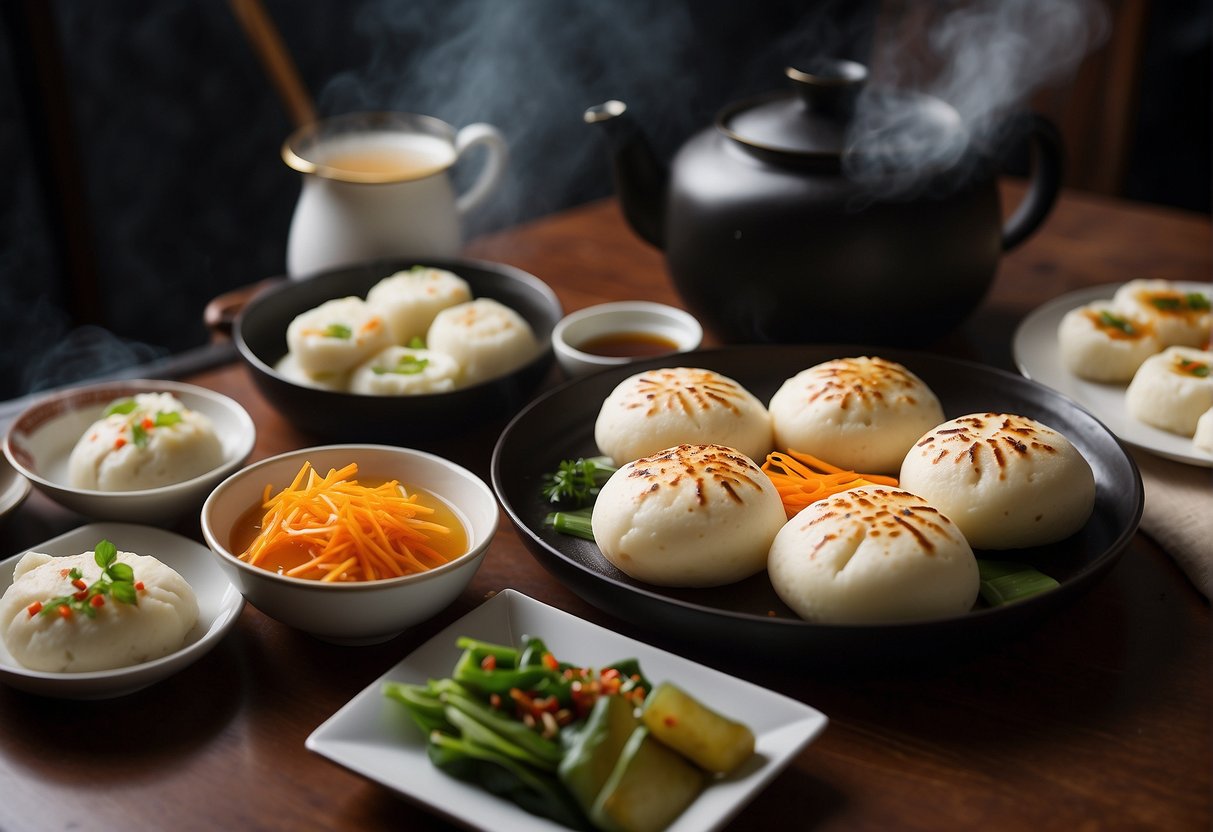 A table set with steamed buns, tofu, scallion pancakes, and pickled vegetables. A pot of hot tea steams in the background