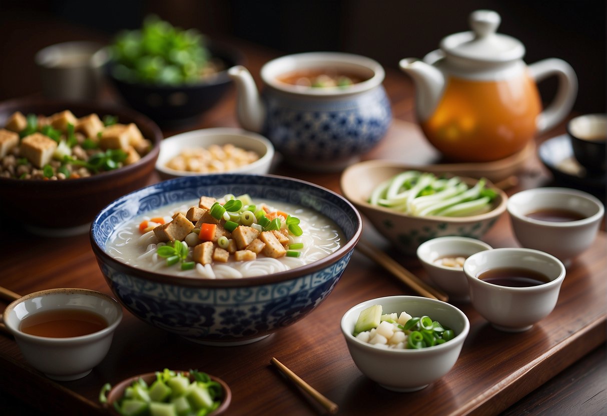 A table set with steaming bowls of congee, crispy scallion pancakes, and savory tofu stir-fry, surrounded by colorful teapots and delicate chopsticks