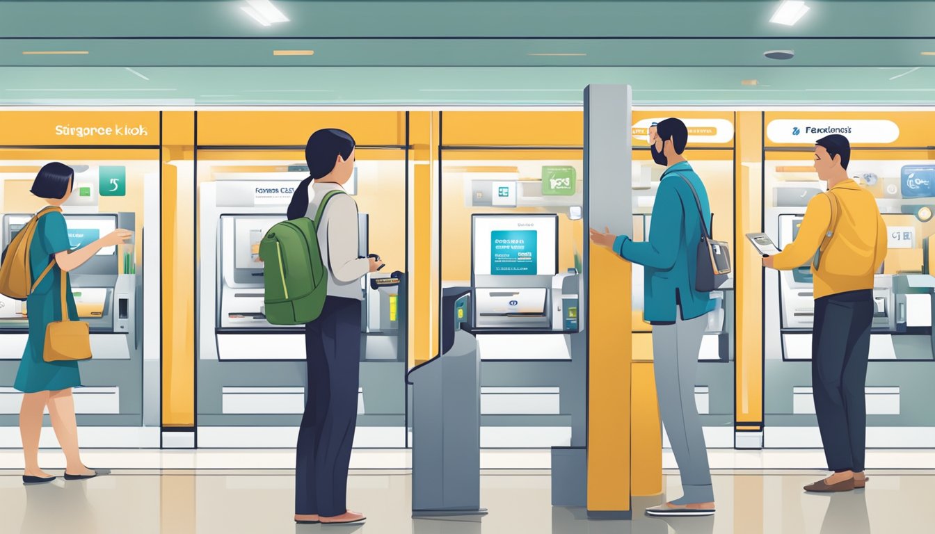 A customer approaching a self-service kiosk at a Singapore train station, inserting cash, and receiving a touch and go card