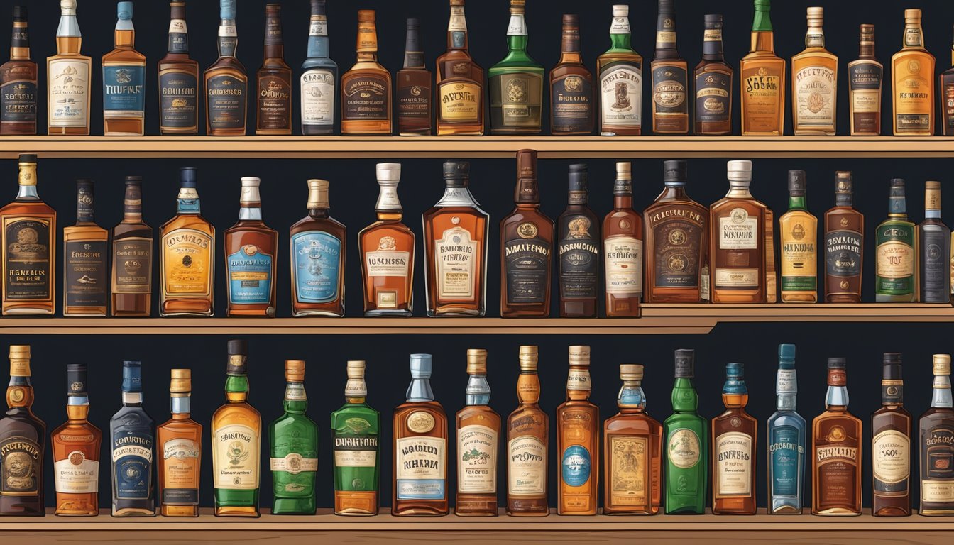 Bottles of various whiskey brands lined up on a shelf in a Chennai liquor store