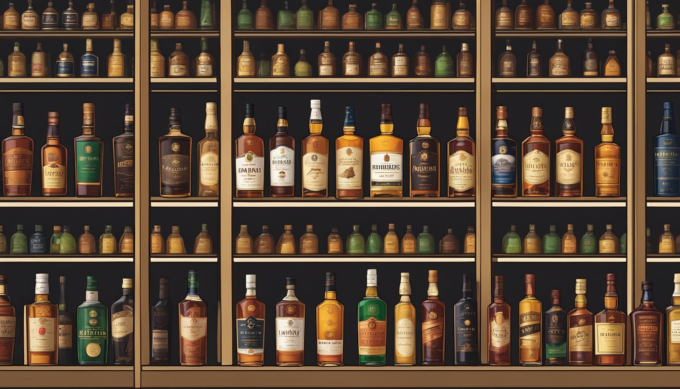 A row of whisky bottles displayed on a shelf in a dimly lit liquor store in Chennai, India. Labels feature various brands and colors
