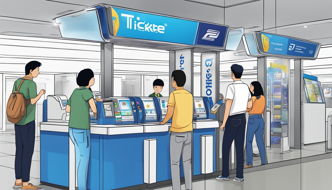 A customer approaches a ticket counter to purchase a Touch 'n Go card in Singapore. The counter is adorned with signage and displays promoting the card