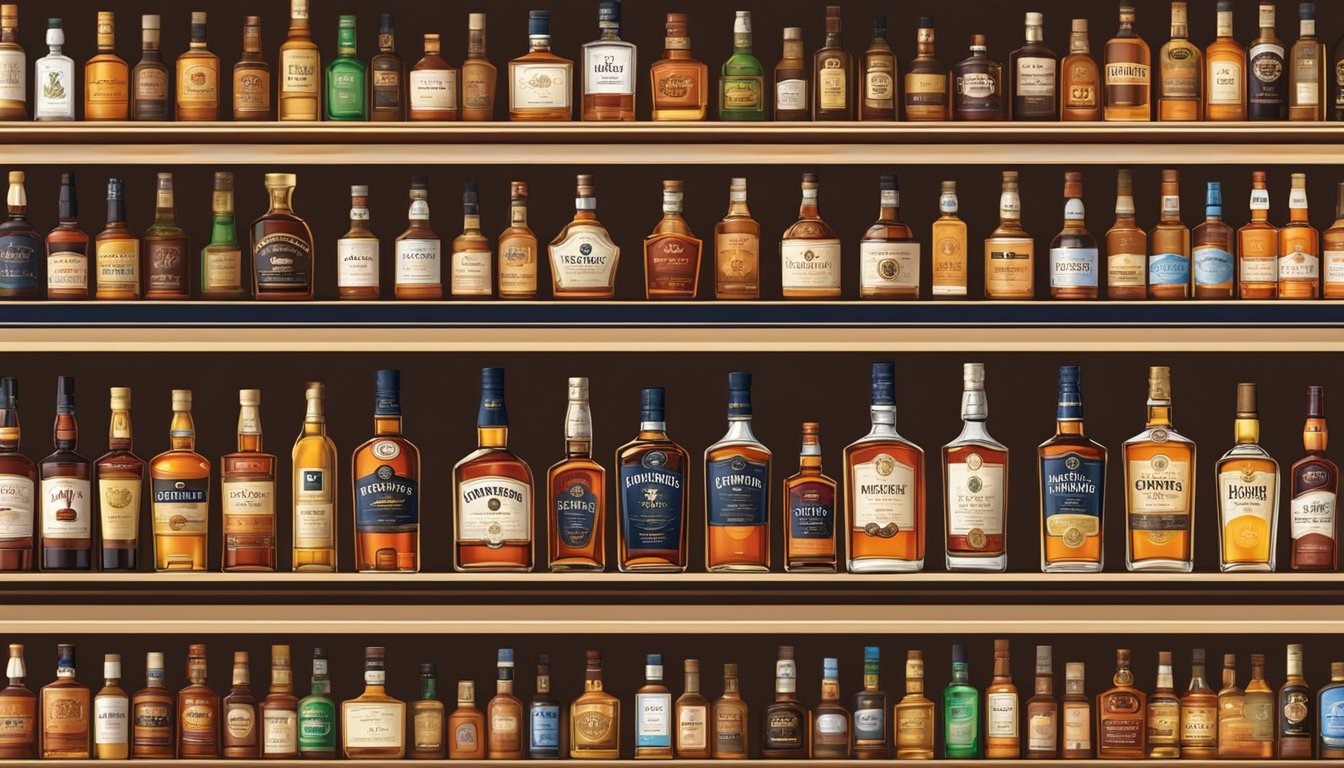 A display of various whiskey brands on shelves in a Chennai liquor store