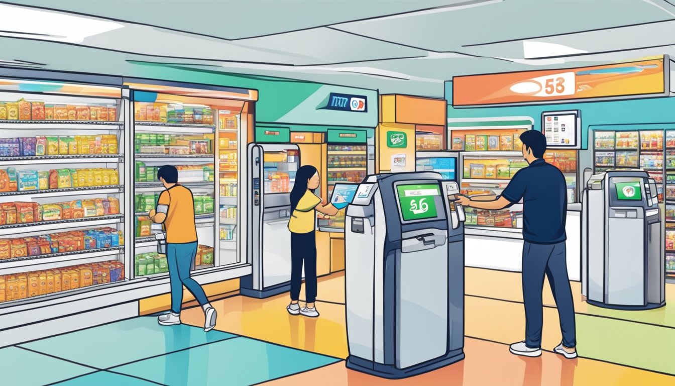A customer purchases a Touch and Go card at a Singaporean convenience store, then reloads it using a self-service kiosk