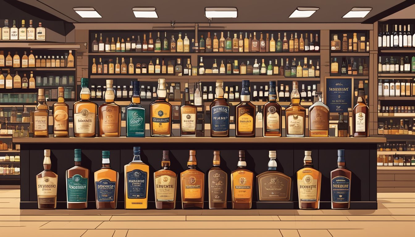 A display of various whiskey brands with "Frequently Asked Questions" signage in a busy liquor store in Chennai