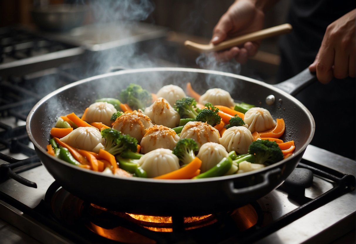 A wok sizzles with stir-fried vegetables as a chef tosses them with precision. Steam rises from bamboo steamers filled with fluffy buns and dumplings. A pot of fragrant tea brews on the stove