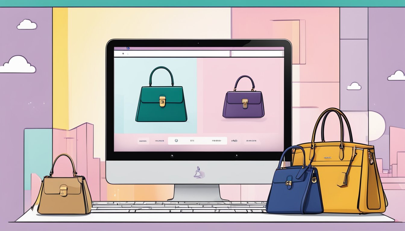 A computer screen displaying a website with various Furla handbags for sale. A cursor hovers over the "add to cart" button