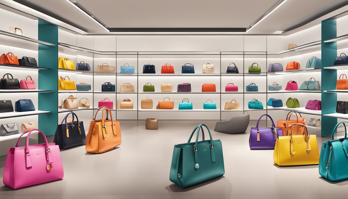 A colorful display of Furla handbags arranged on sleek shelves in a modern, well-lit boutique