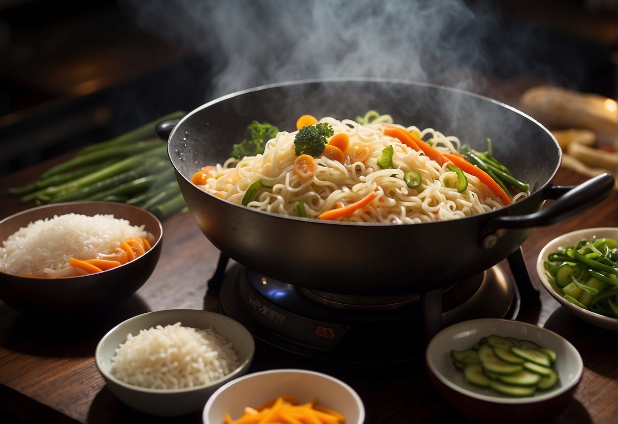 A wok sizzles as ingredients are tossed in. Steam rises from a bubbling pot of soup. A chef's knife slices through fresh vegetables. A bowl of steaming rice sits next to a plate of stir-fried noodles
