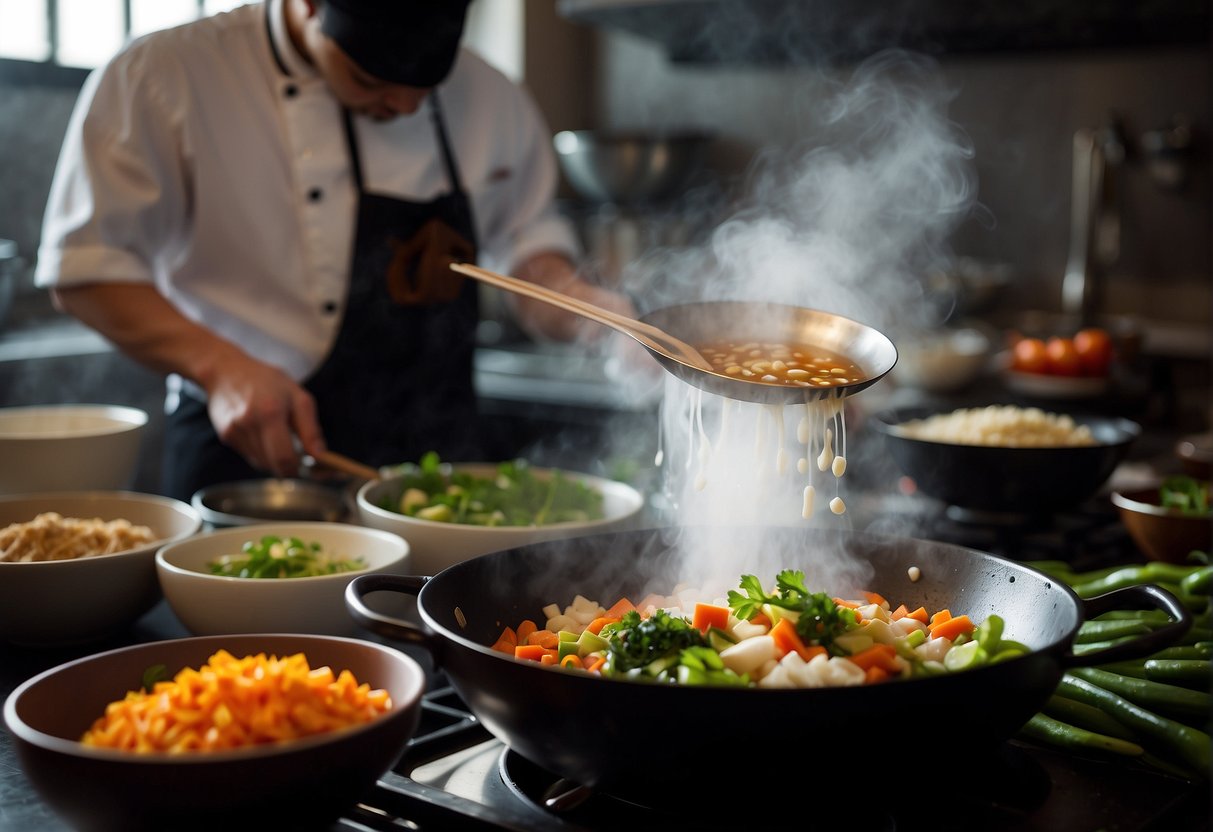 A chef mixes tofu and vegetables in a wok, adding traditional Chinese spices. A steaming bowl of vegetarian congee sits nearby