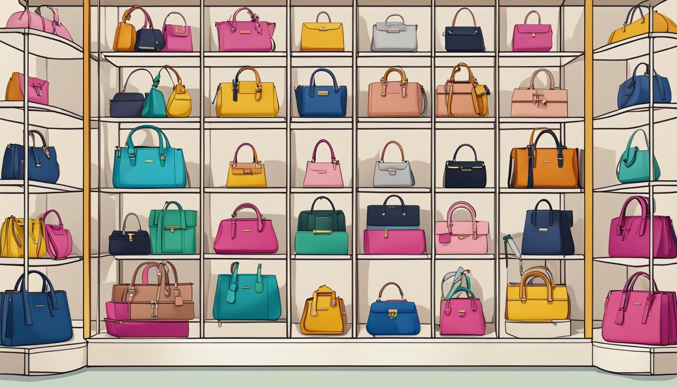 A colorful display of Furla handbags arranged neatly on shelves, with a sign indicating "Frequently Asked Questions" above them