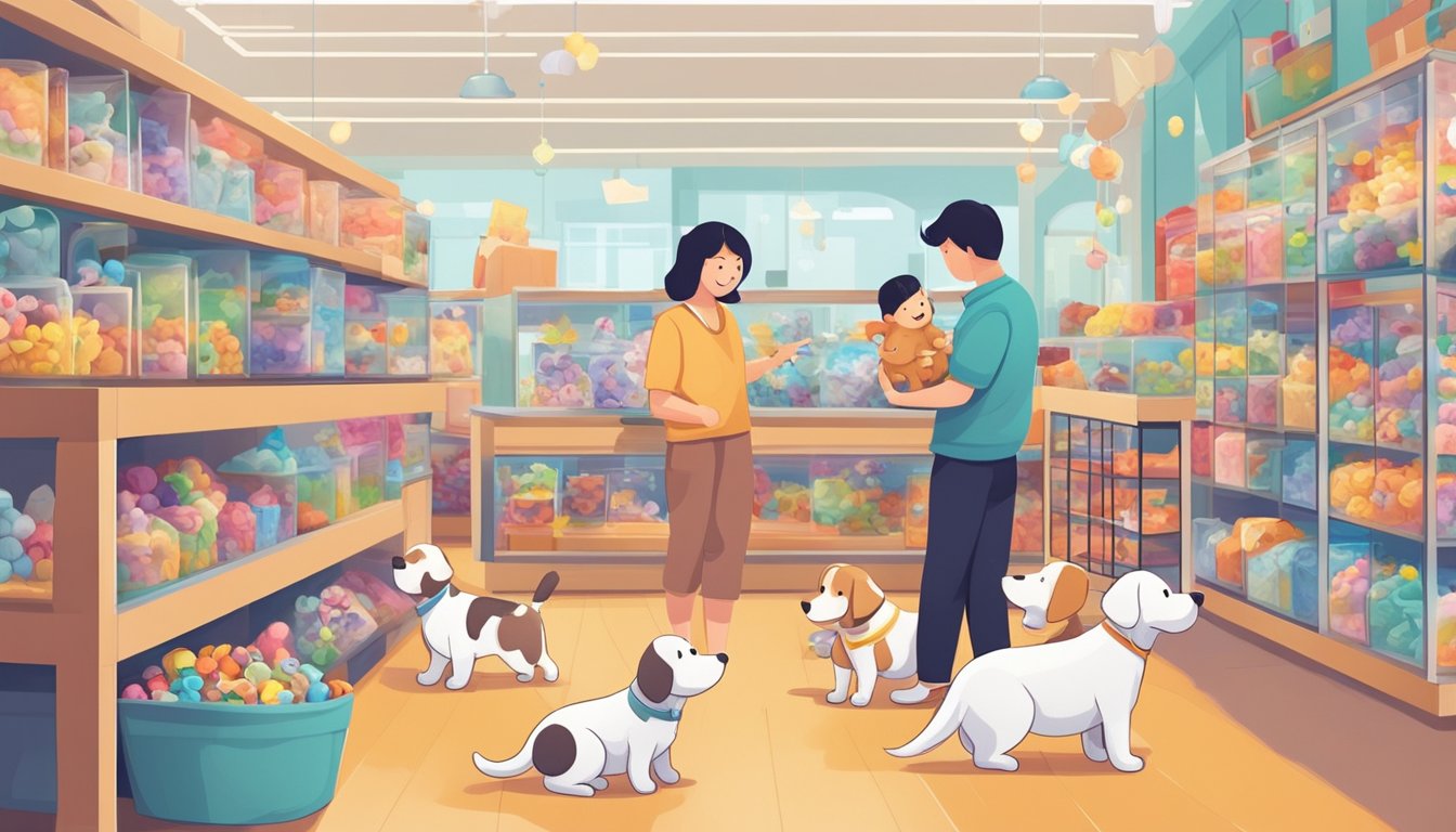 A family eagerly purchases a playful puppy at a pet shop in Singapore. The puppy wags its tail, surrounded by toys and treats