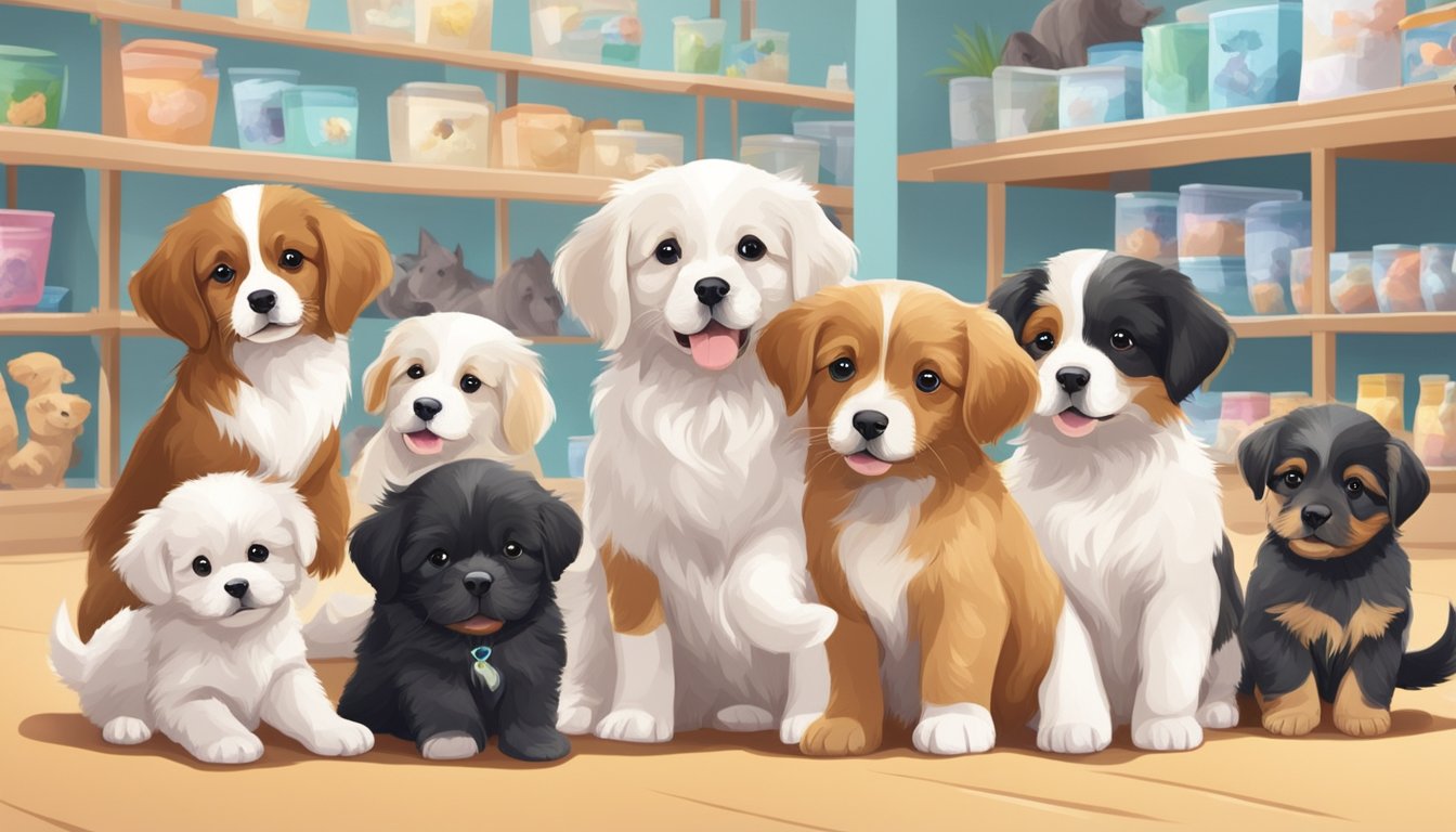 A group of adorable puppies of various breeds playing and wagging their tails in a spacious and clean pet store in Singapore
