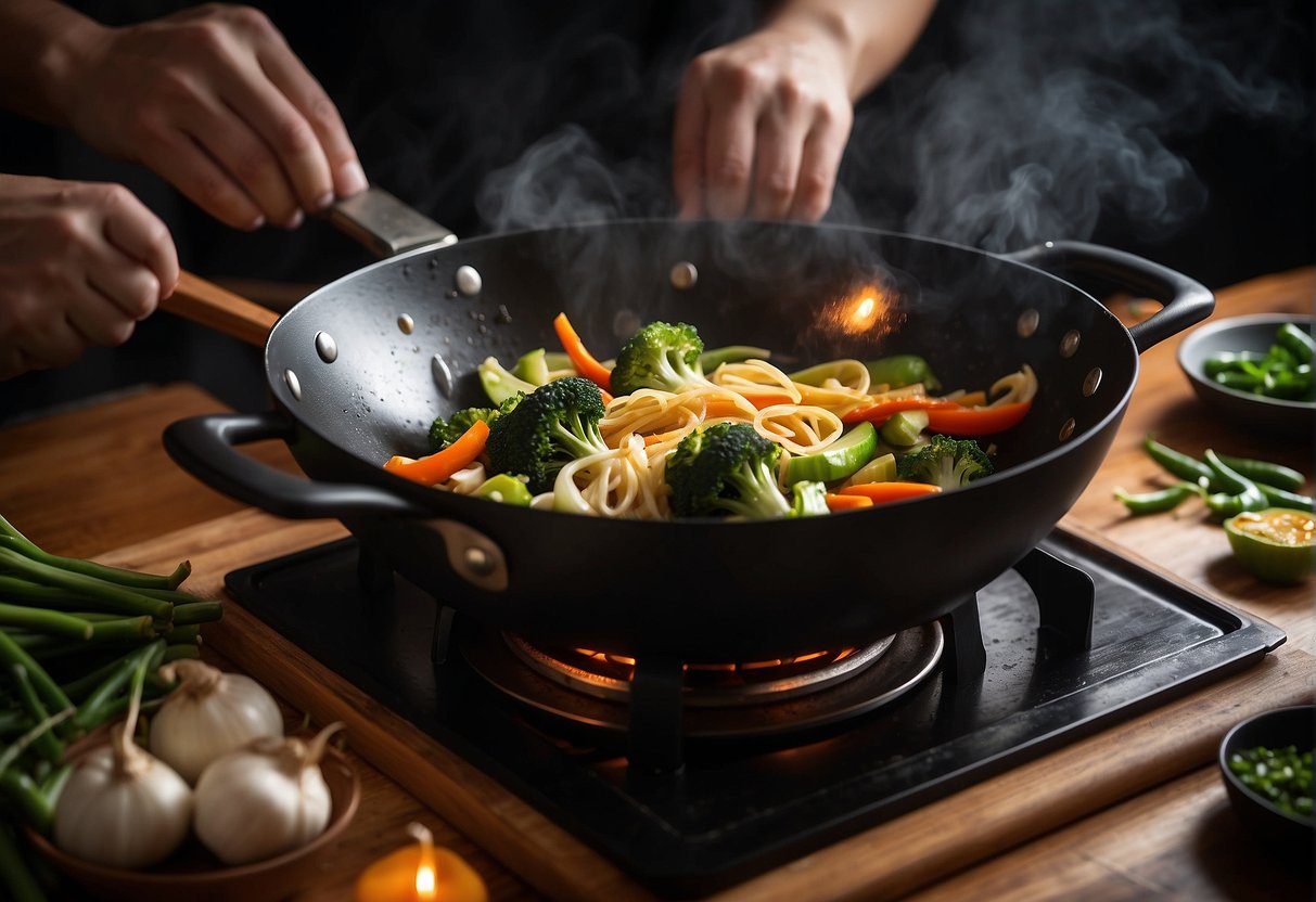 A wok sizzles with stir-fried vegetables, while a pot simmers with fragrant broth. A chef’s knife chops garlic and ginger with precision
