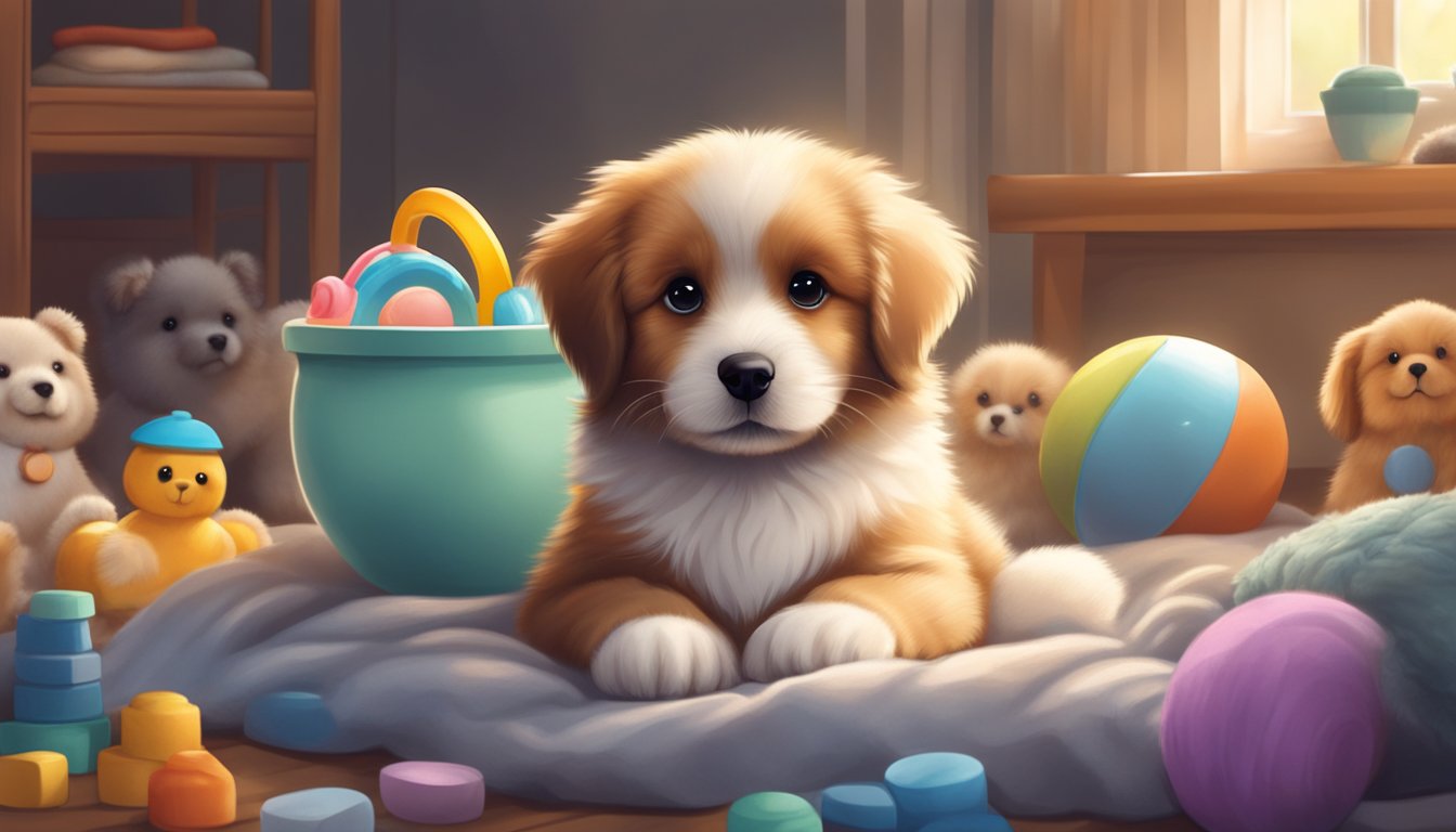 A fluffy puppy sits in a cozy bed, surrounded by toys and a bowl of water. A loving family member looks on, ready to care for their new furry friend