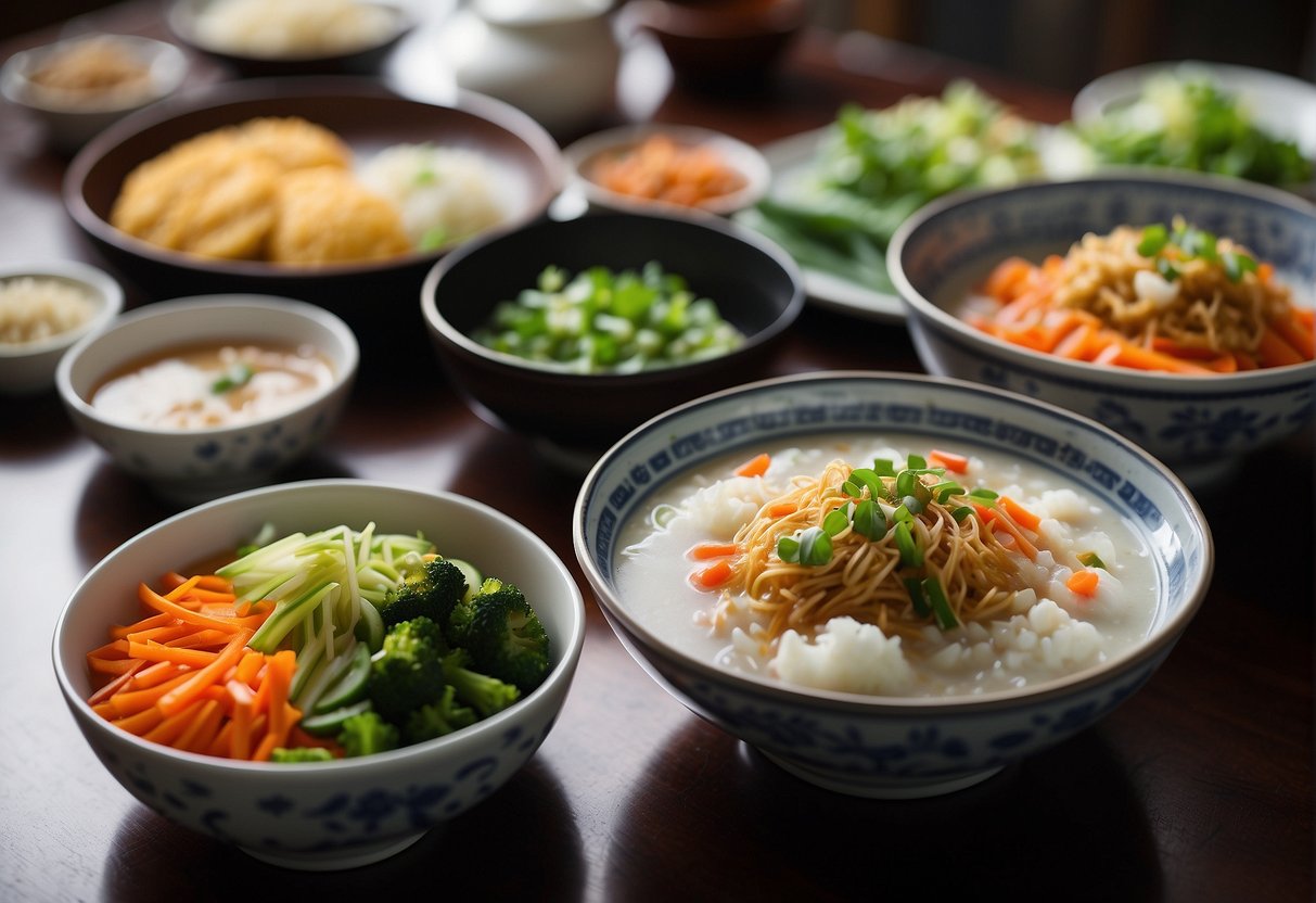 A table set with steaming bowls of congee, crispy scallion pancakes, and colorful plates of stir-fried vegetables