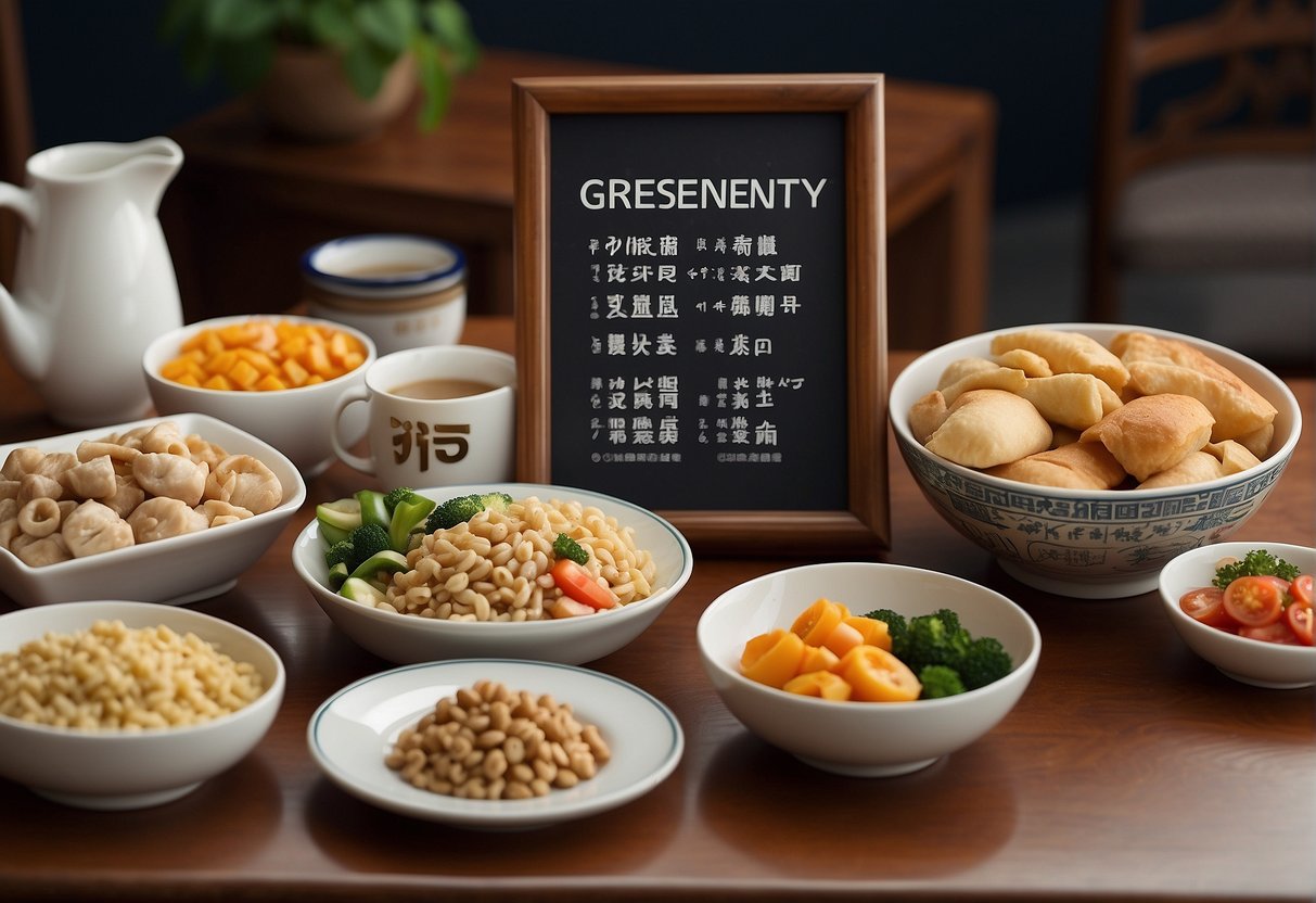 A table set with various Chinese breakfast dishes, including vegetarian options, with a sign reading "Frequently Asked Questions Chinese Breakfast Recipes" displayed prominently