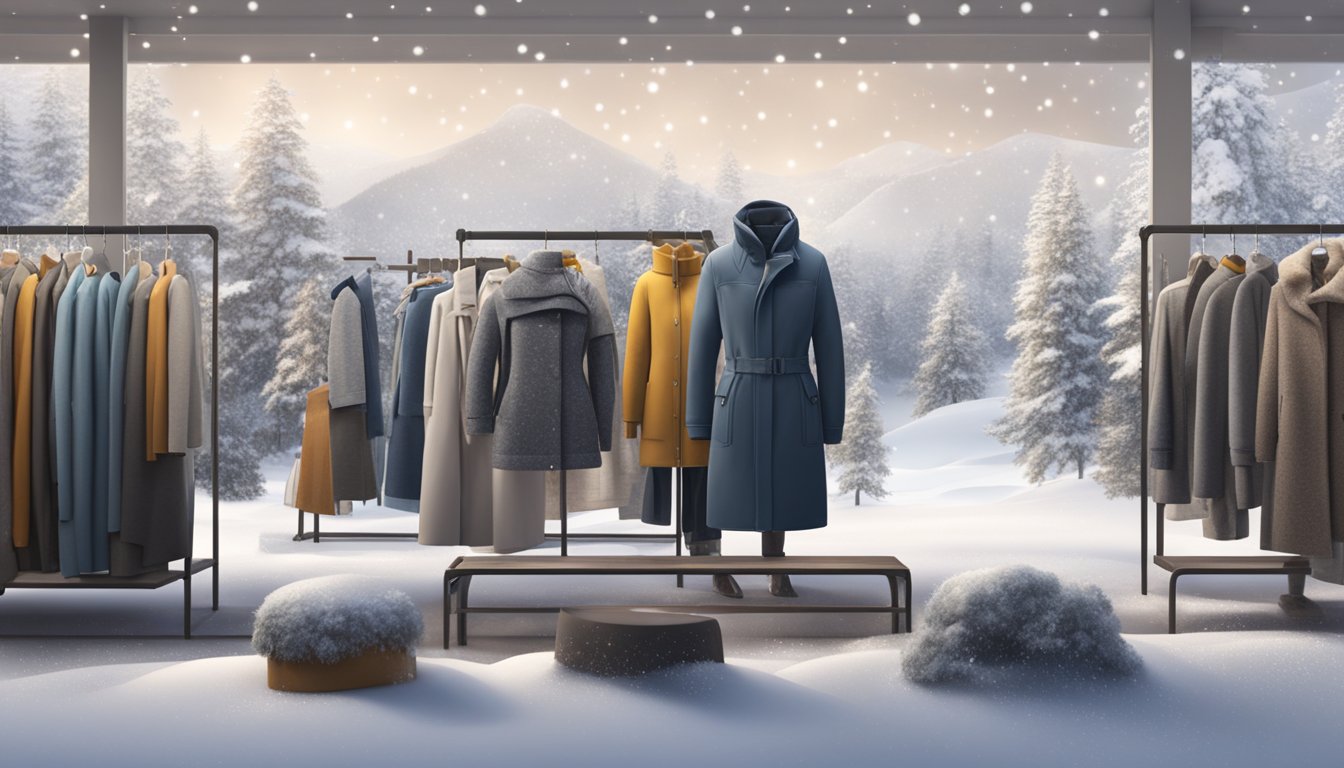 A snowy landscape with a variety of winter apparel brands displayed on mannequins and clothing racks. Snowflakes falling gently in the background