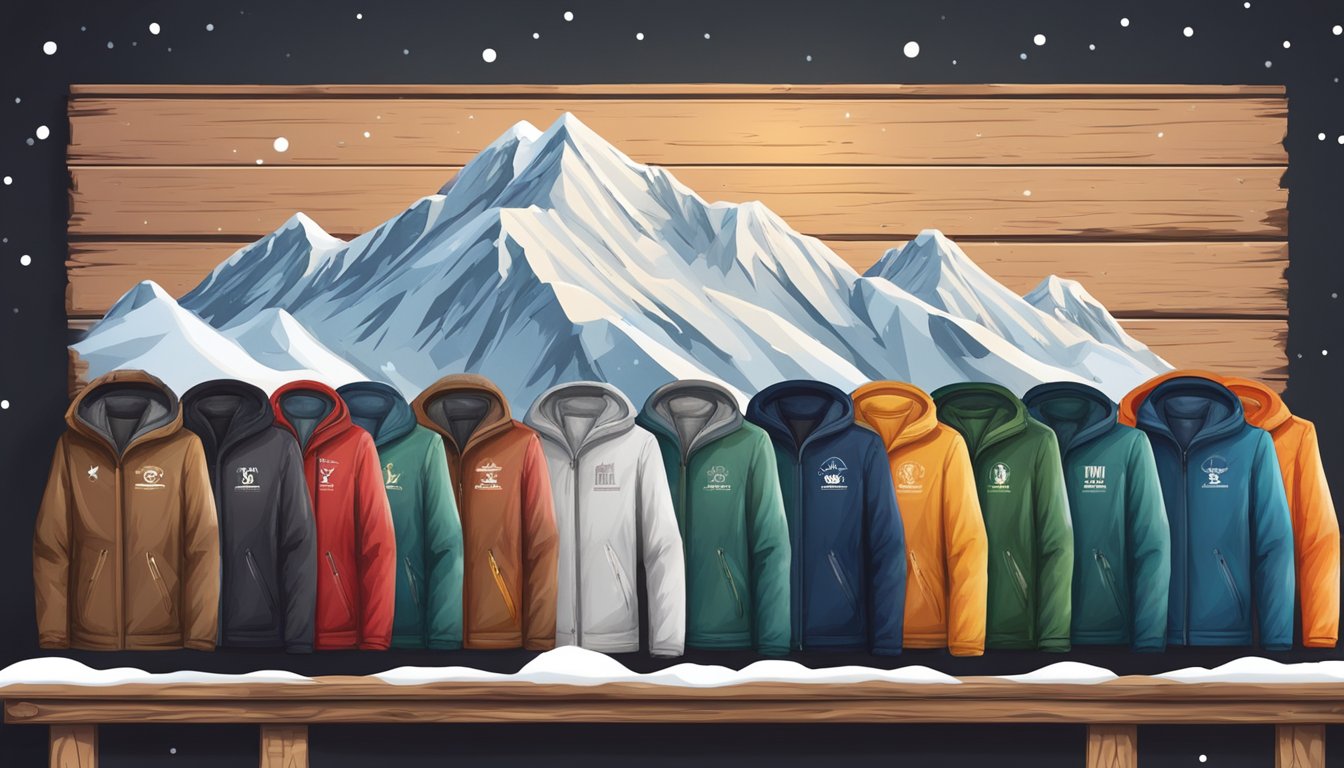 A snowy mountain backdrop with a lineup of top winter apparel brands displayed on a rustic wooden signboard