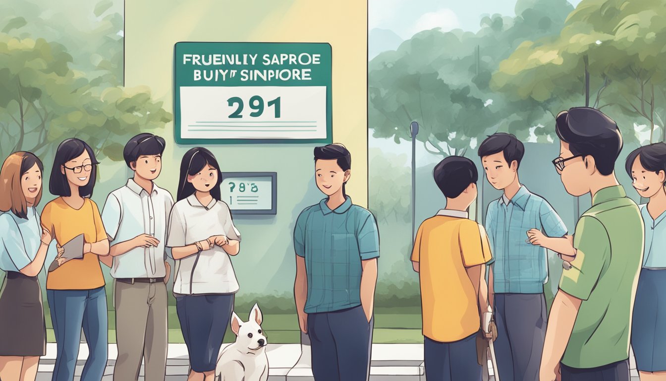 A group of people standing around a sign that reads "Frequently Asked Questions buy puppy singapore," with one person pointing at the sign and others looking on with curiosity