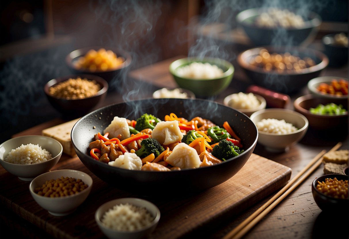 A wok sizzles with stir-fry ingredients. A bowl of rice sits nearby. Chopsticks rest on a plate of dumplings. Ingredients and spices line the counter