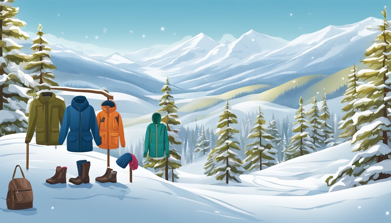 Snow-covered landscape with a display of essential winter apparel categories: jackets, boots, hats, gloves, and scarves