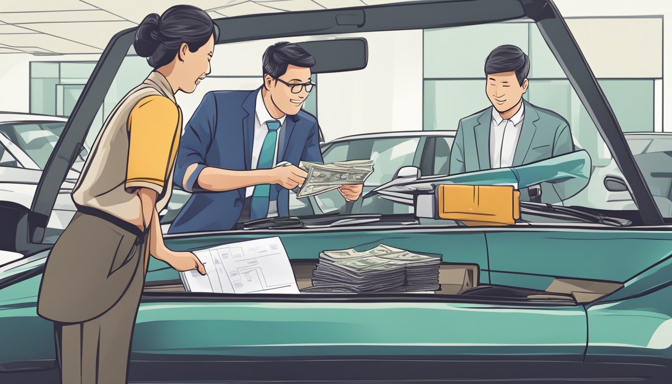 A customer handing over cash to a car dealer, signing paperwork, and receiving the keys to a used car in Singapore