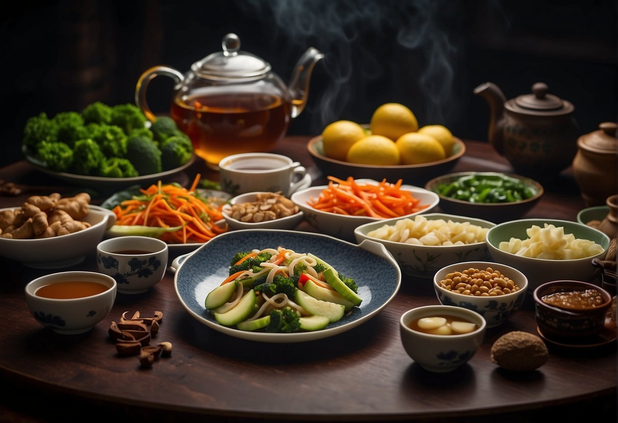 A table with various Chinese ingredients and dishes, including soy sauce, ginger, and stir-fried vegetables. A teapot and cups are set alongside for tea pairings