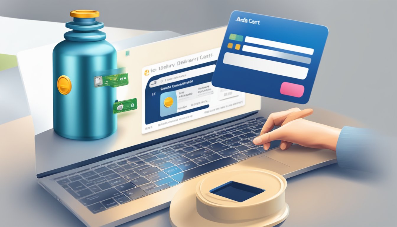 A person's hand clicking "add to cart" on a gas cylinder website, with a credit card nearby and a delivery address entered