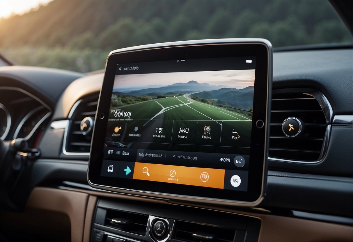 An iPad is connected to a car's infotainment system with the CarPlay interface displayed on the screen