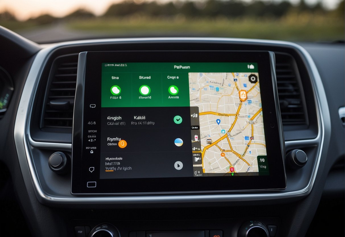 An iPad connected to a car's dashboard display with the CarPlay interface visible on the screen