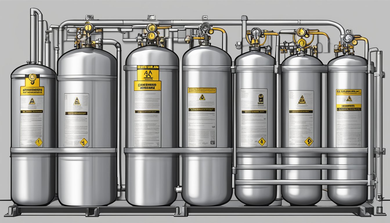 Gas cylinders stored in a well-ventilated area, secured upright with proper restraints, and labeled with clear safety and maintenance instructions