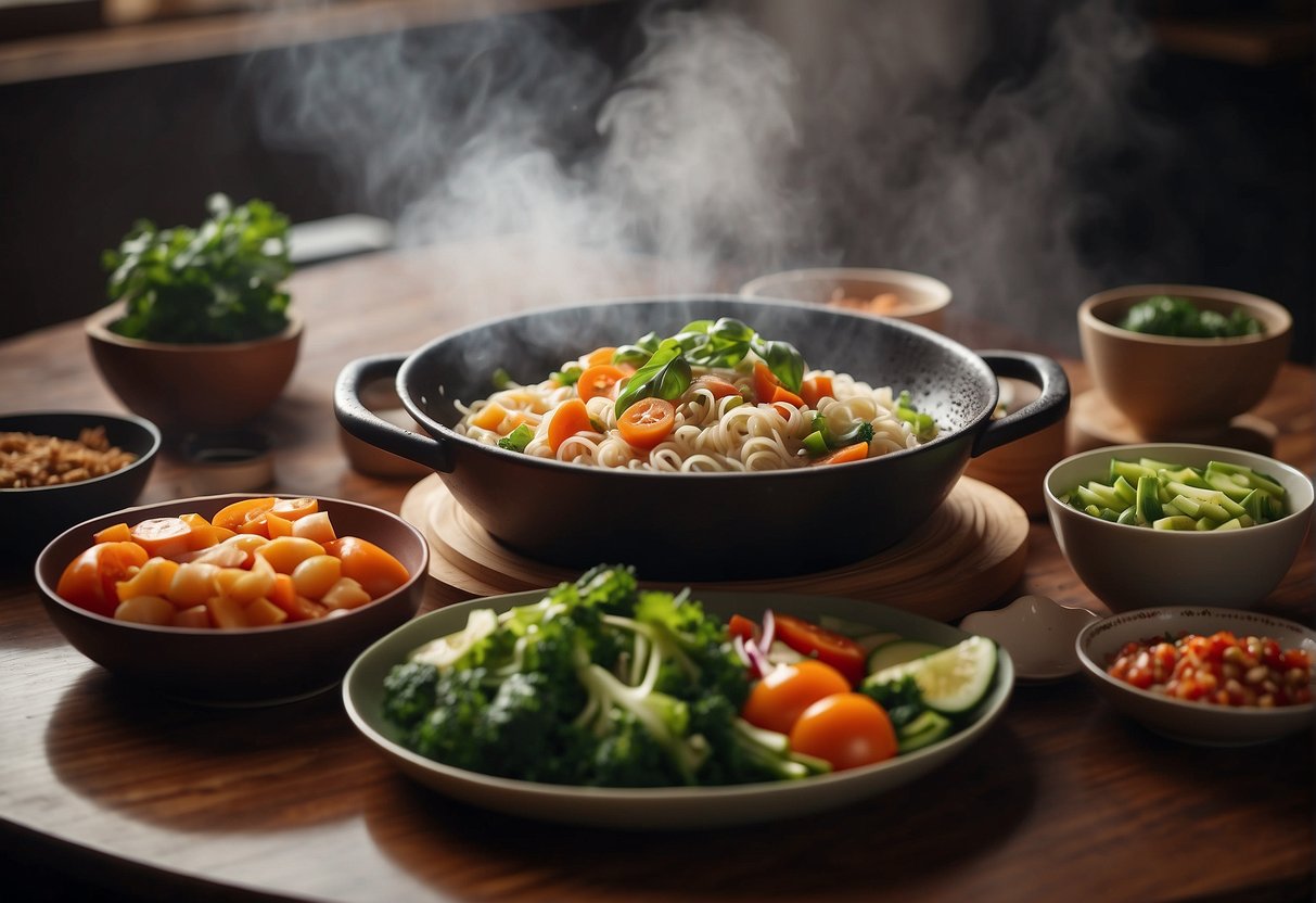 A table with a variety of fresh ingredients, a wok, and a cookbook open to "Easy Chinese Recipes for Beginners" with steam rising from a dish