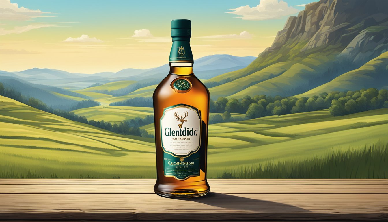 A bottle of Glenfiddich sits on a rustic wooden table, surrounded by a backdrop of rolling hills and a clear blue sky