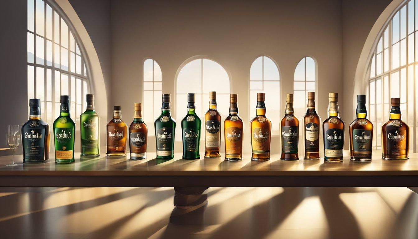 A table displays various bottles of Glenfiddich whisky. Labels show different varieties. Light filters through a window, casting shadows on the labels