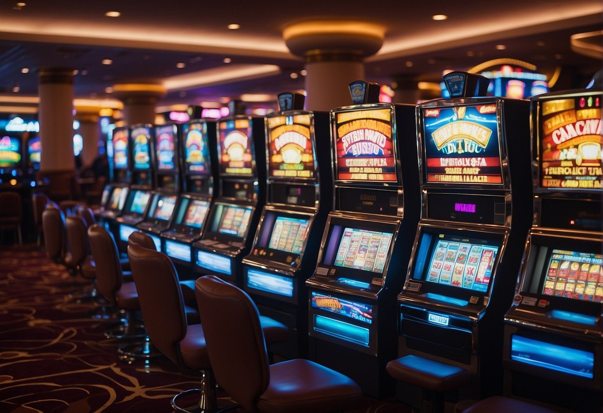 A vibrant casino floor with slot machines, card tables, and a bustling atmosphere. Neon lights and colorful decor create an exciting and inviting setting