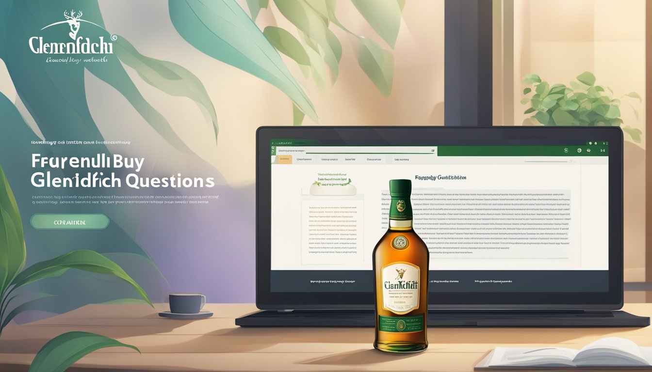 A computer screen with a webpage open, displaying the words "Frequently Asked Questions buy glenfiddich online"