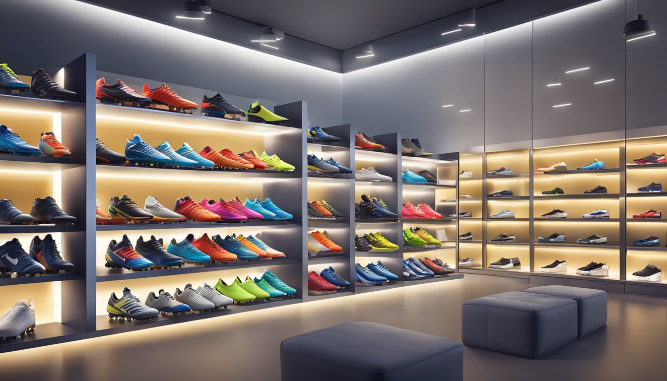 A sports store in Singapore displays a variety of football boots on shelves, with bright lighting and clean, modern decor