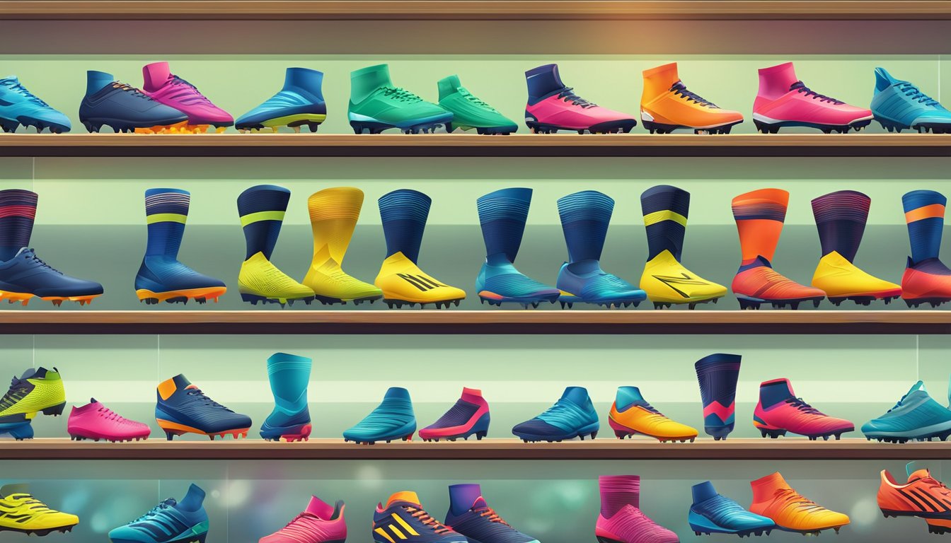 A display of colorful football boots on shelves in a sports store in Singapore, with bright lighting and a clean, organized layout