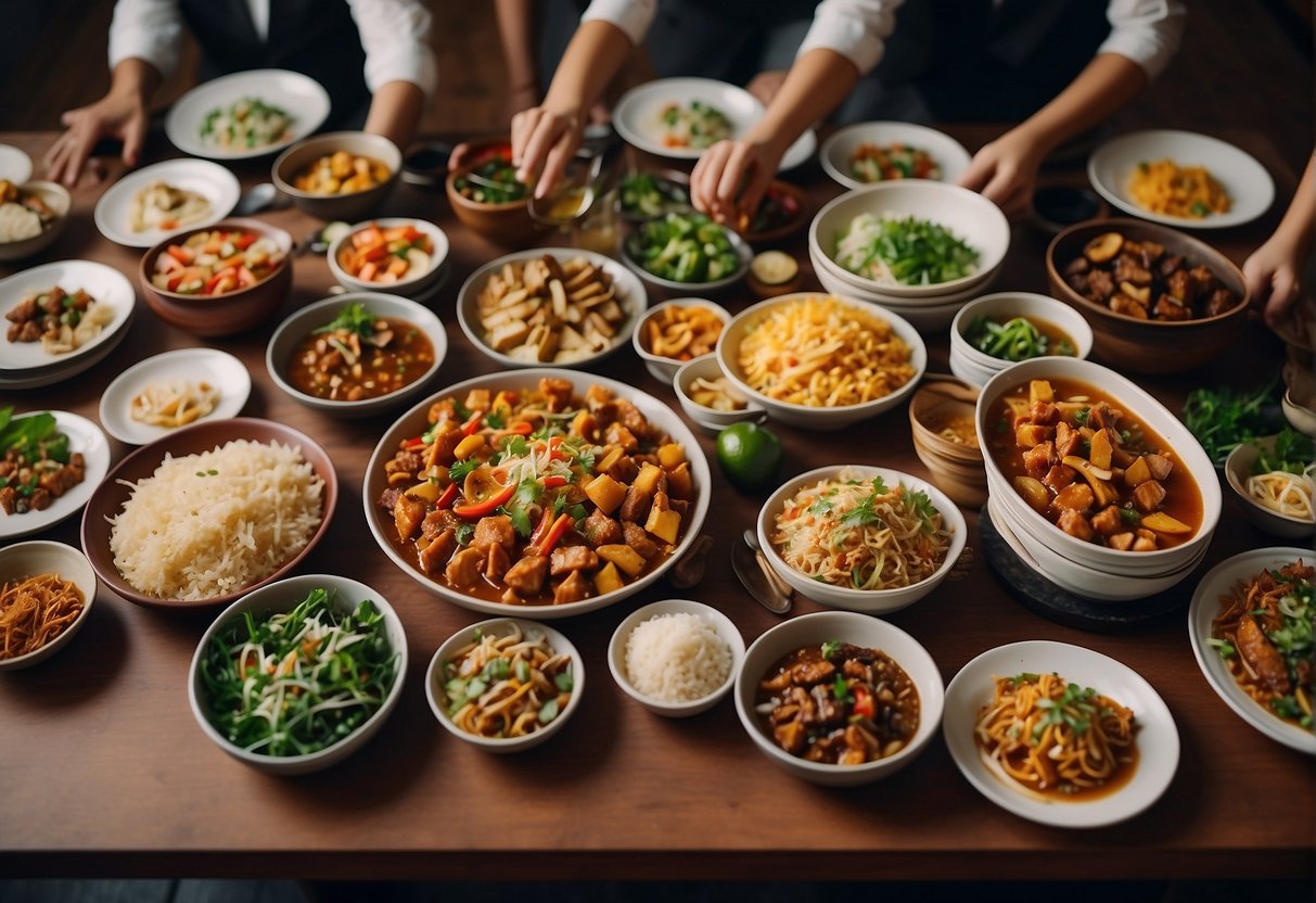 A table filled with colorful and aromatic dishes, surrounded by happy diners enjoying a large Chinese feast