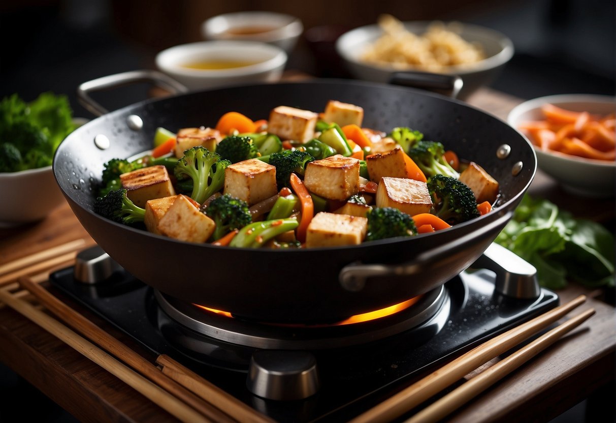 A wok sizzles with stir-fried veggies and tofu. A pot simmers with fragrant broth. Chopsticks and bowls sit ready on the table