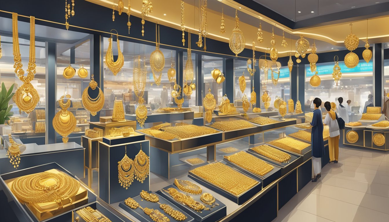 A display of various gold jewelry styles with price tags, set against a backdrop of a bustling marketplace in Singapore