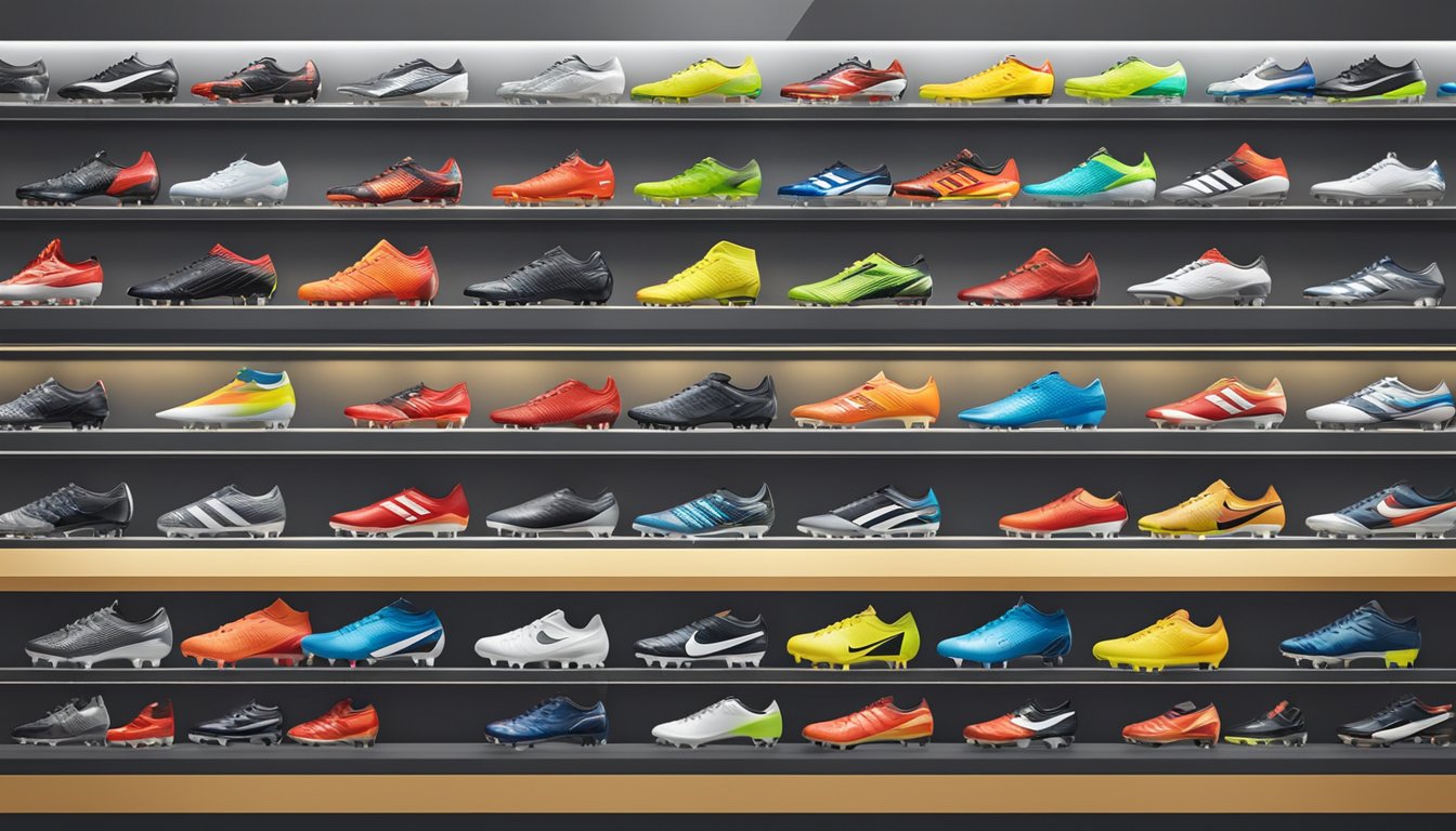 A store display of football boots in Singapore, showcasing various brands and styles for customers to choose from