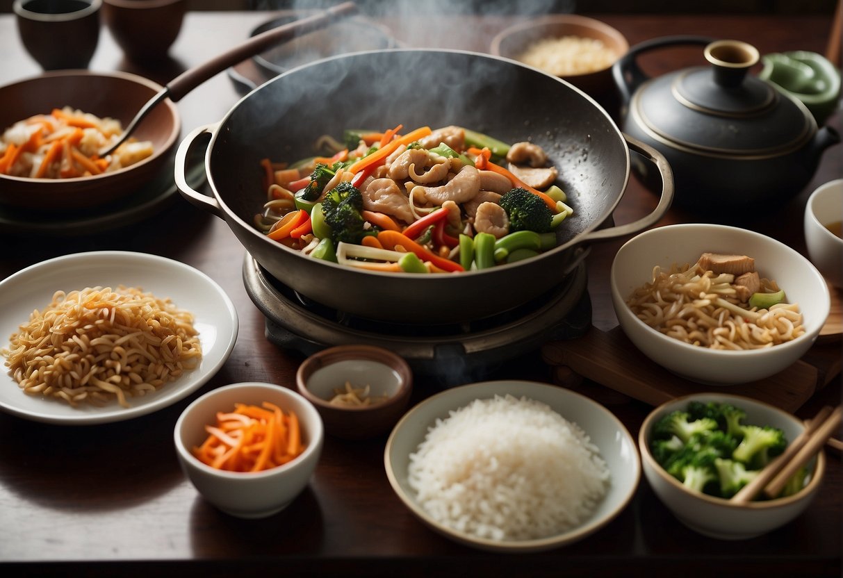 A table set with various Chinese ingredients and utensils for cooking. A wok sizzling with stir-fry, steam rising from a bamboo steamer. Chopsticks and a cookbook nearby