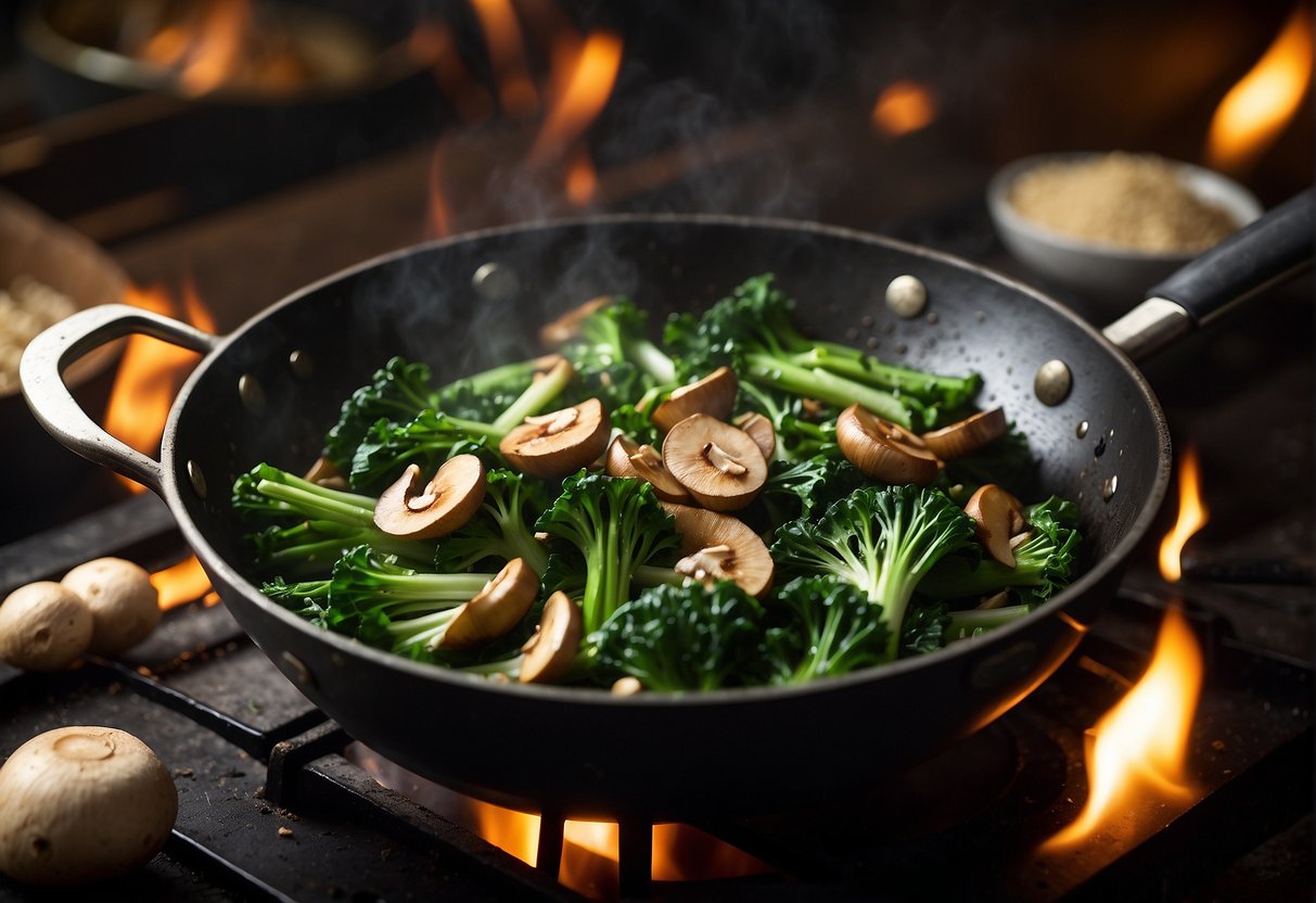 Chinese broccoli and mushrooms sizzling in a wok, with garlic and ginger being added for flavor