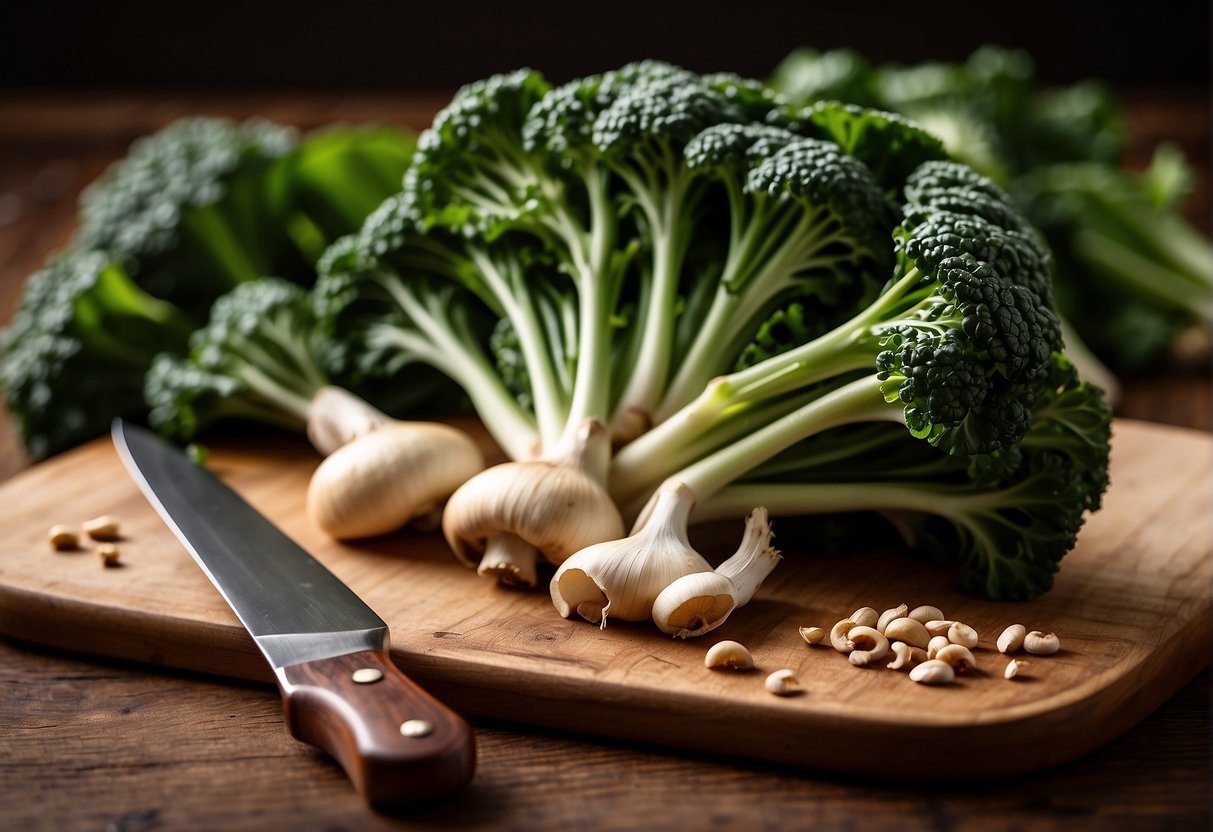 Chinese broccoli and mushrooms arranged on a wooden cutting board with a knife beside them. Soy sauce and garlic cloves in the background