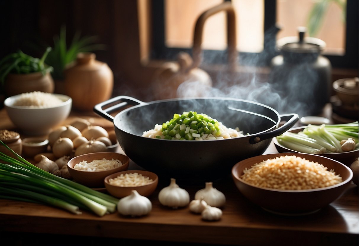 A cluttered kitchen counter with soy sauce, ginger, garlic, and green onions, next to a wok and steaming bamboo baskets
