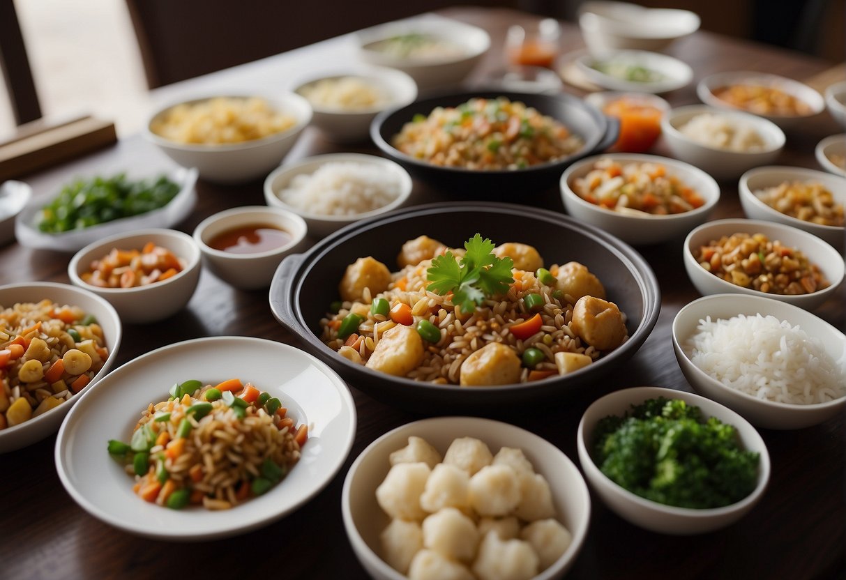 A table set with various Chinese side dishes, including stir-fried vegetables, fried rice, and dumplings, ready to serve a large group