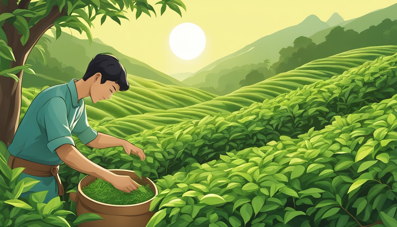 Sunlight filters through the lush tea bushes. A hand reaches out to carefully pluck the perfect green tea leaves. The leaves are vibrant and fresh, ready to be harvested