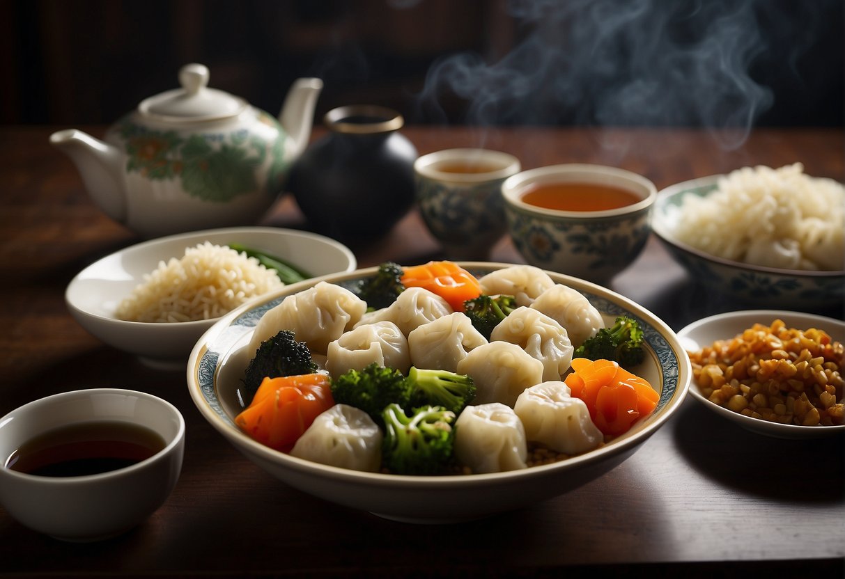 A table set with various Chinese dishes, including stir-fried vegetables, steamed dumplings, and fried rice. Chopsticks and a teapot complete the scene